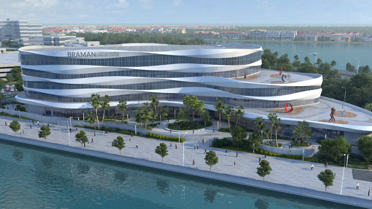 A rendering of the new five-story 200,000-square-foot cancer center Mount Sinai is planning to open in early 2026 in Miami Beach.