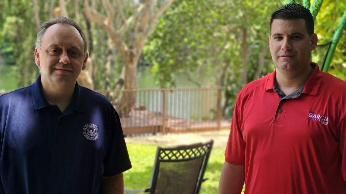 Republican candidate Gabriel Garcia, right, who is challenging incumbent Rep. Daniel Perez in the Aug. 18 primary, poses with Marcell Felipe, left, who endorsed him in the 2020 race for House District 116.