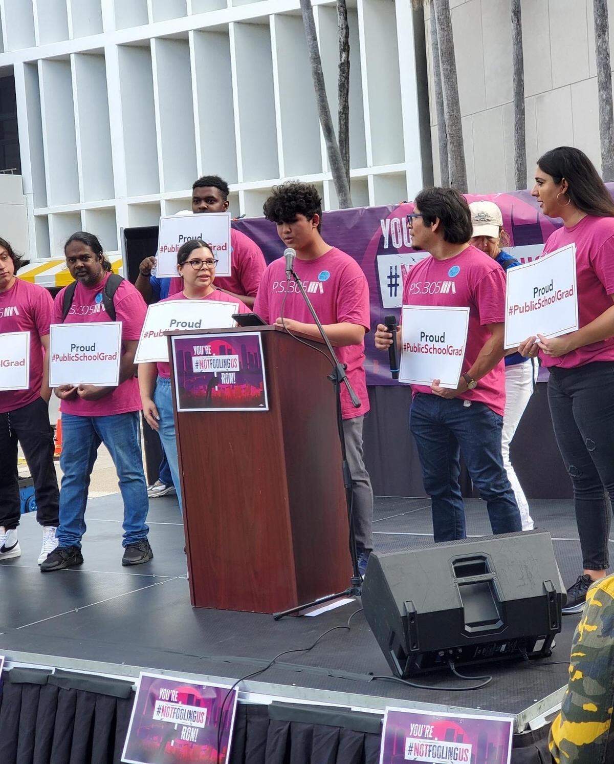 At a rally on April 1, 2023, Youth Leader Santiago Rodriguez speaks out in opposition of HB-1. He discussed his experience as a new student, recently arriving from Venezuela, and the need for increased resources and funding in schools. Courtesy of Mina Hosseini.