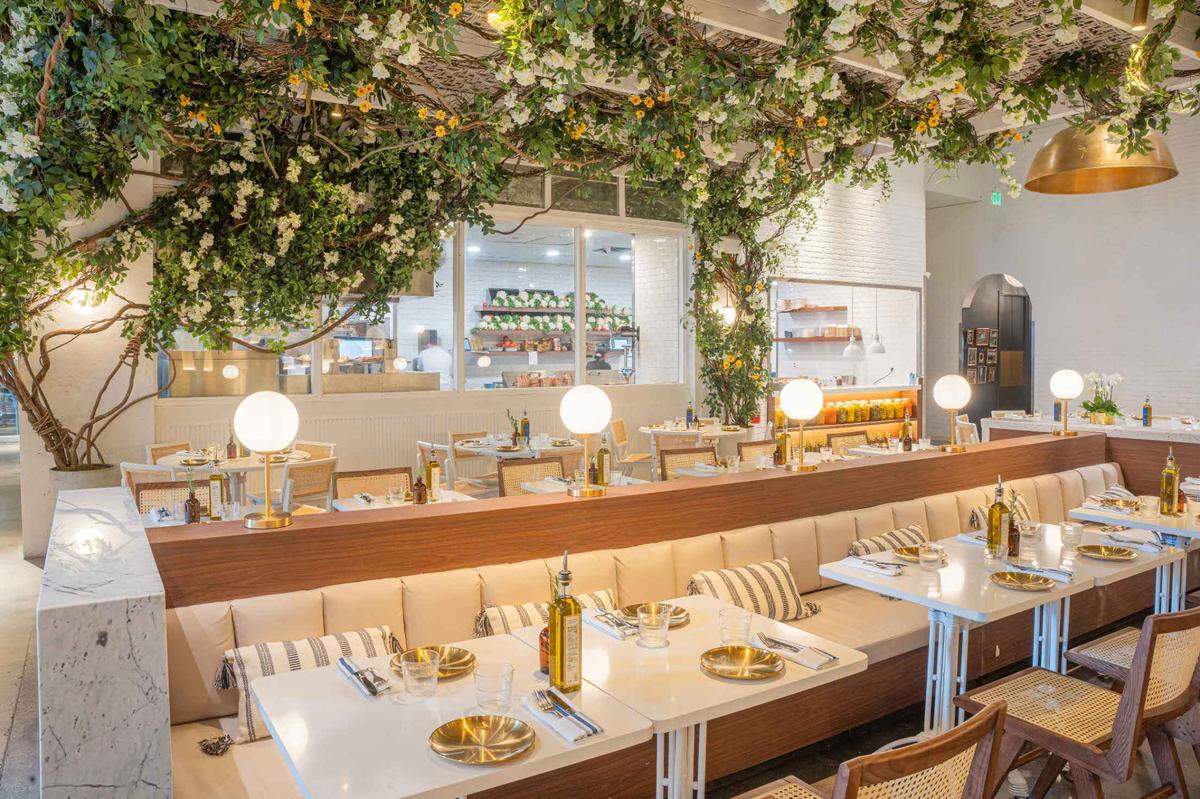 The dining room at Motek Israeli Mediterranean restaurant at Brickell City Centre in Miami.