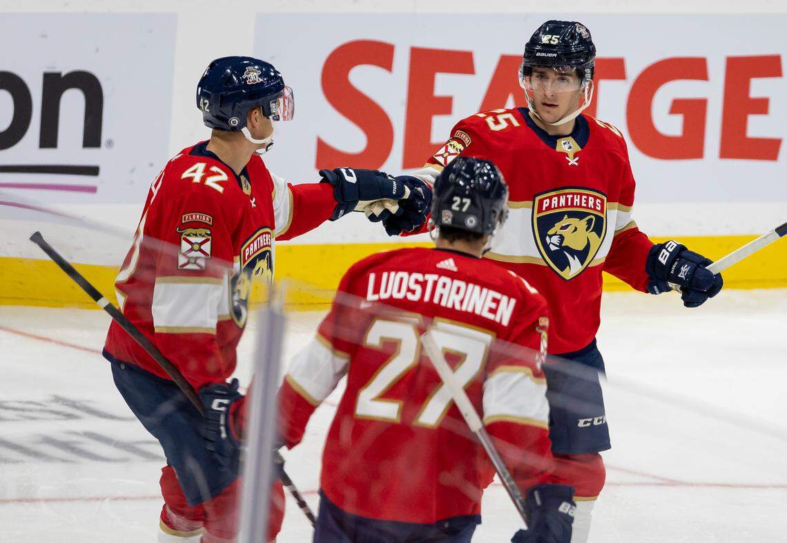 Florida Panthers forward Mackie Samoskevich (25) celebrates with defender Gustav Forsling (42) and forward Eetu Luostarinen (27) after scoring a goal against the Nashville Predators in the third period of an NHL preseason game at the Amerant Bank Arena on Monday, Sept. 25, 2023, in Sunrise, Fla.