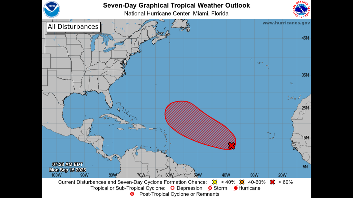 The 7:28 a.m. Monday look at the disturbance in the Atlantic Ocean.