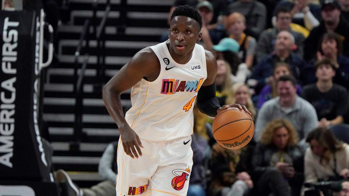 Miami Heat guard Victor Oladipo is in action in the first half during an NBA basketball game against the Utah Jazz Saturday, Dec. 31, 2022, in Salt Lake City.