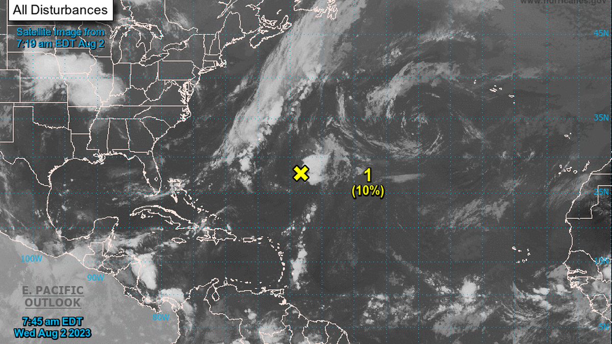 National Hurricane Center’s forecast map of a declining disturbance about 475 miles southeast of Bermuda on Aug. 2, 2023.
