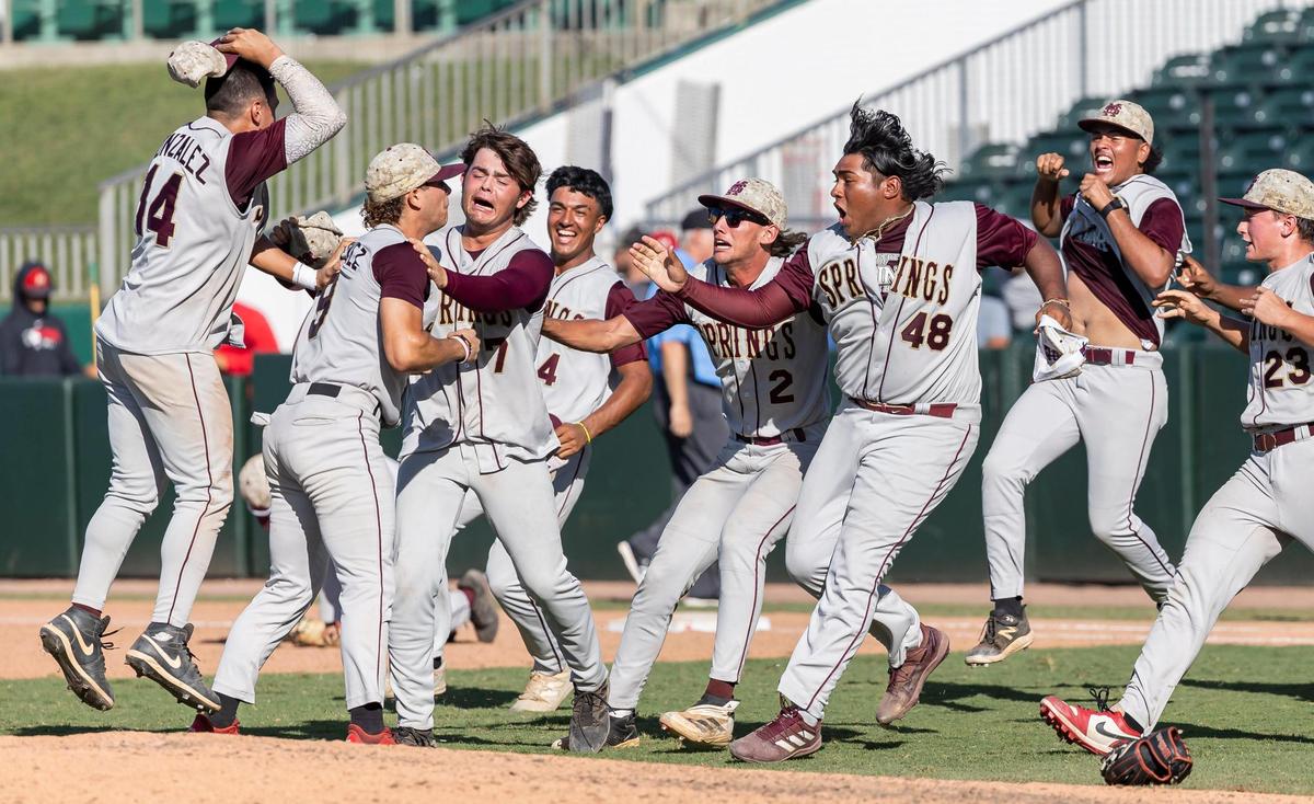 Miami Springs Golden Hawks celebrate after defeating the South Walton Seahawks in their Class 3A state baseball championship game at Hammond Stadium on Tuesday, May 20, 2025, in Fort Myers, Fla.
