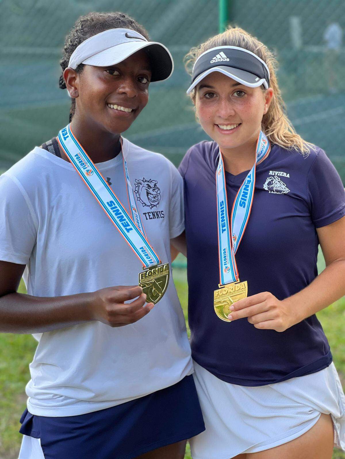 Riviera Prep’s girls’ doubles team of Sasha Kilgour (left) and Milagros Lardiez (right) won the overall Class 1A state championship on Wednesday evening in Altamonte Springs.