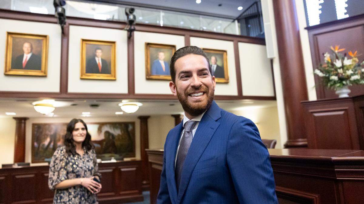 Florida House Speaker Daniel Perez, R-Miami, leaves after speaking with the media during the first day of the legislative session at the Florida State Capitol on Tuesday, March 4, 2025, in Tallahassee, Fla.