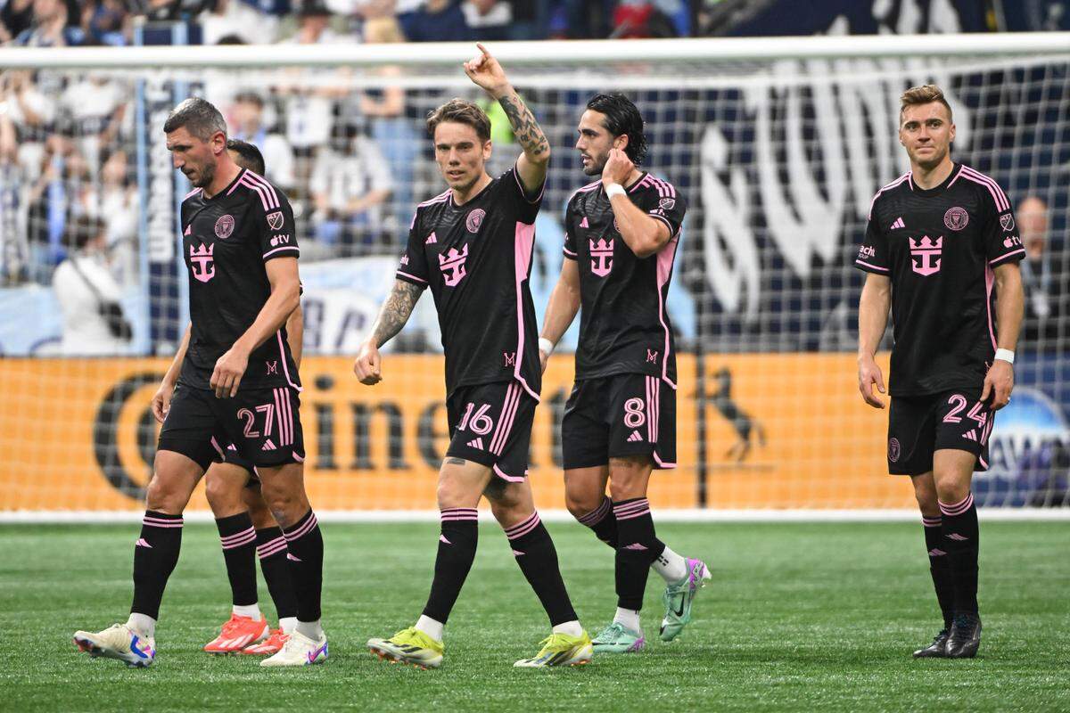May 25, 2024; Vancouver, British Columbia, CAN; Inter Miami CF midfielder Robert Taylor (16) and teammates celebrate after scoring a goal during the first half against Vancouver Whitecaps FC at BC Place. Mandatory Credit: Anne-Marie Sorvin-USA TODAY Sports