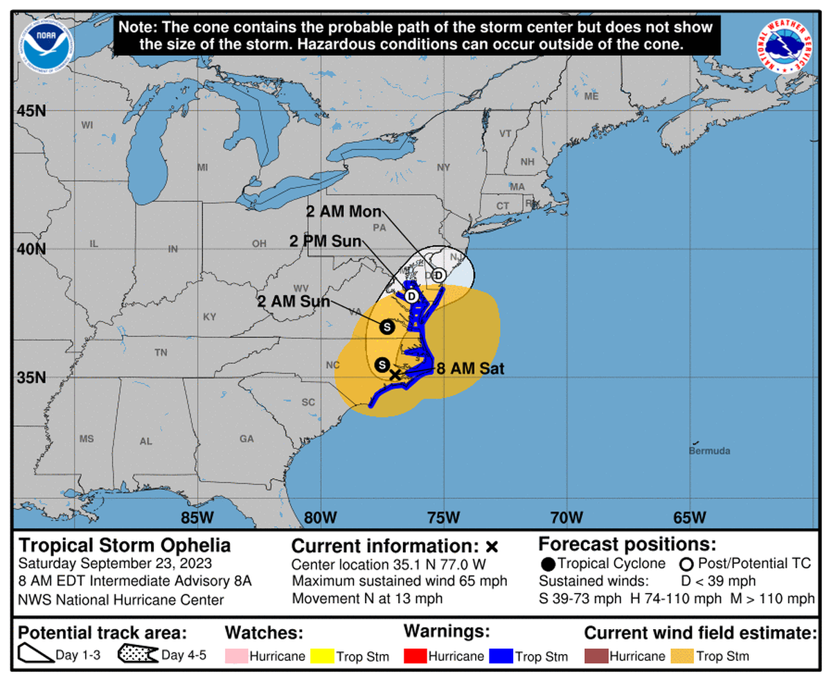 Tropical Storm Ophelia’s path on Saturday, Sept. 23, 2023.