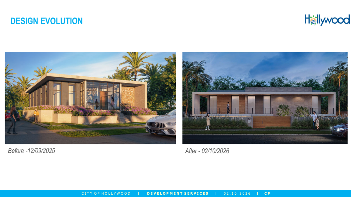 A screenshot shows the design changes of a proposed Jewish ritual bath project in a residential neighborhood in Hollywood, FL.