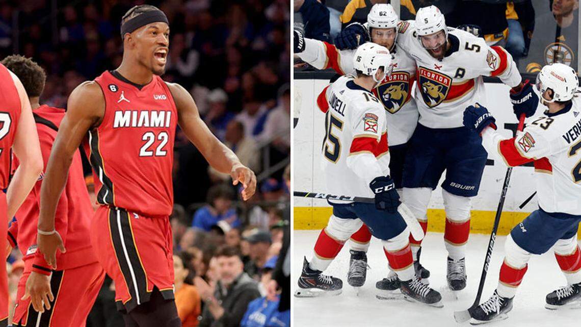 The Heat won Game 1 of the Eastern Conference semifinal against the Knicks despite the injury of Jimmy Butler, left. The Florida Panthers’ Brandon Montour (62) scored two goals in Sunday’s Game 7 victory against top-seeded Boston.