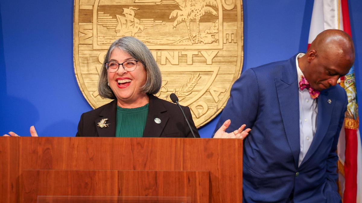Miami-Dade County Mayor Daniella Levine Cava, left, reveals her proposed budget and multi-year capital plan during the county budget press conference at the Stephen P. Clark Government Center with County Commission Chairman Oliver G. Gilbert, right, on Monday, July 17, 2023.