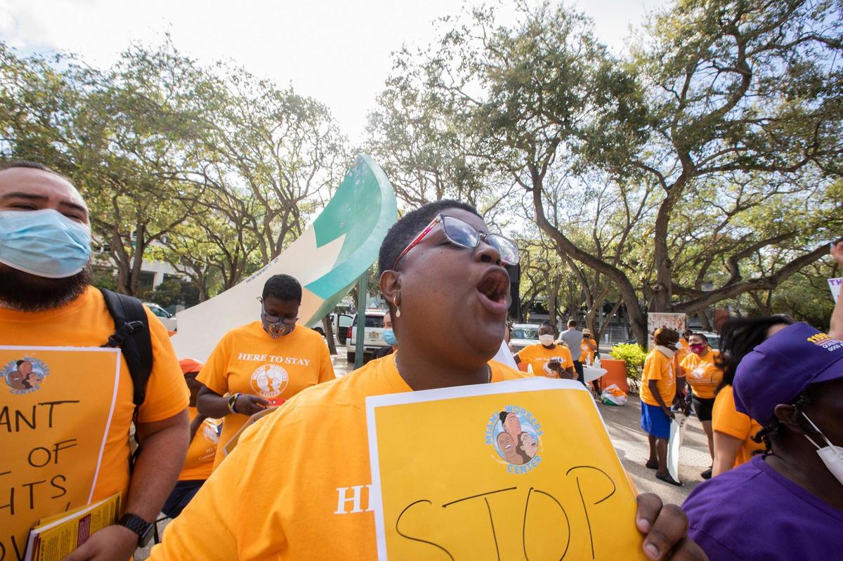 The Miami Workers Center protests in support of tenants’ rights and against rent spikes on Tuesday at the Stephen P. Clark Center on Tuesday, March 8, 2022.