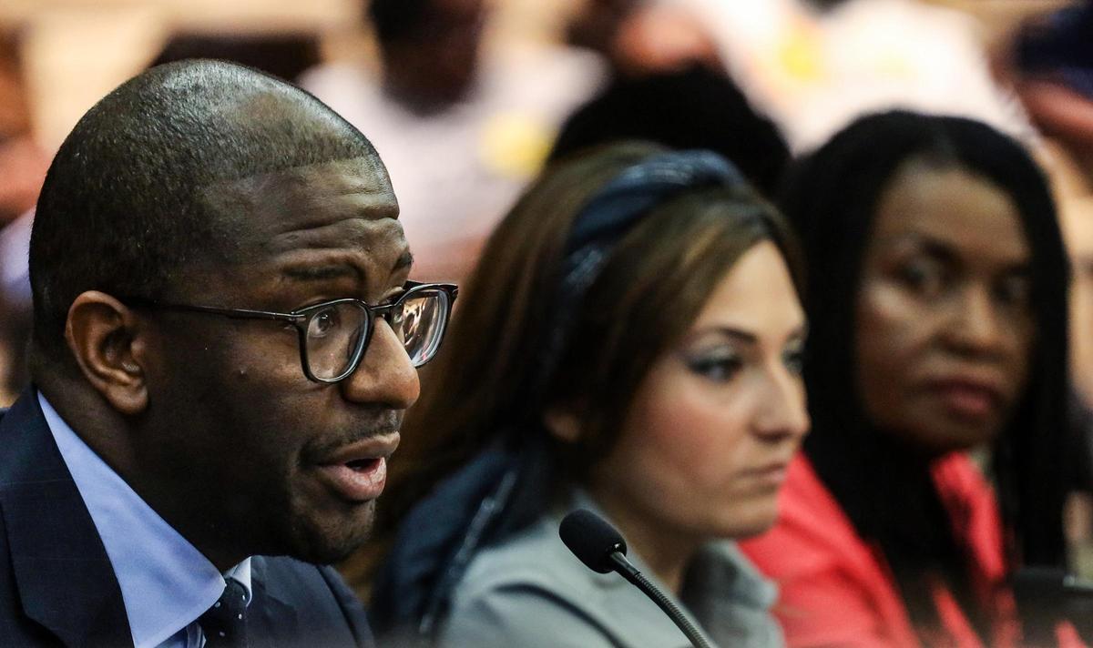 Andrew Gillum, Florida Forward chair, testifies, left, alongside Nancy Baptista, center, Mi Familia Vota’s Florida State Director, and Marleine Bastiene, Family Action Network Movement’s executive director, right, as the U.S. Committee on House Administration’s elections subcommittee held a hearing on voter rights on Monday, May 6, 2019, at the Broward County Government Center in Fort Lauderdale, Florida.