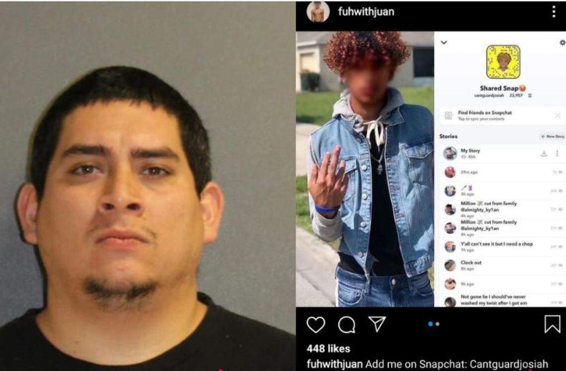 On the left, Joaquin Mendez’s mugshot from Saturday. On the right, the Snapchat profile cops say he used to meet a 13-year-old girl.