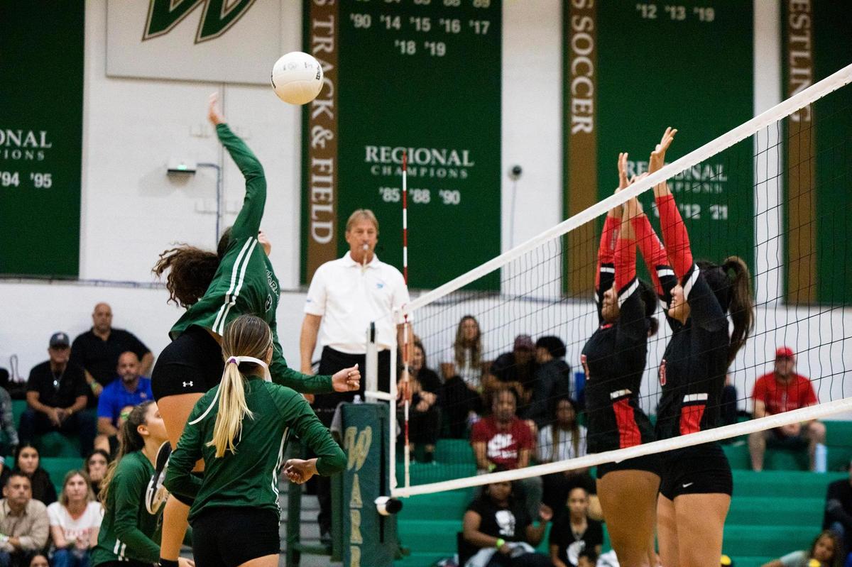 Westminister #8 Gaby Arroyo spikes the ball during Westminster Christian’s state semifinal volleyball against match at Westminster Christian School, Palmetto Bay, on Friday November 4th., 2022.