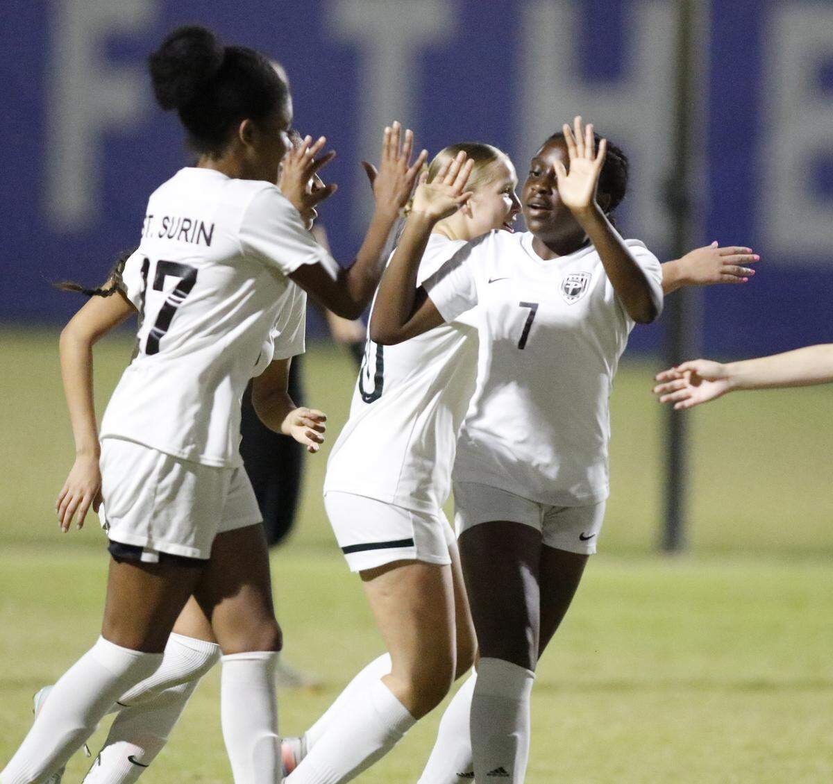 Pembroke Pines Charter celebrate an opener against Lourdes Academy during the Region 4-5A final girls soccer match on Tuesday, February 17, 2026 at Miami-Dade College Kendal campus. Andrew Uloza / for Miami Herald
