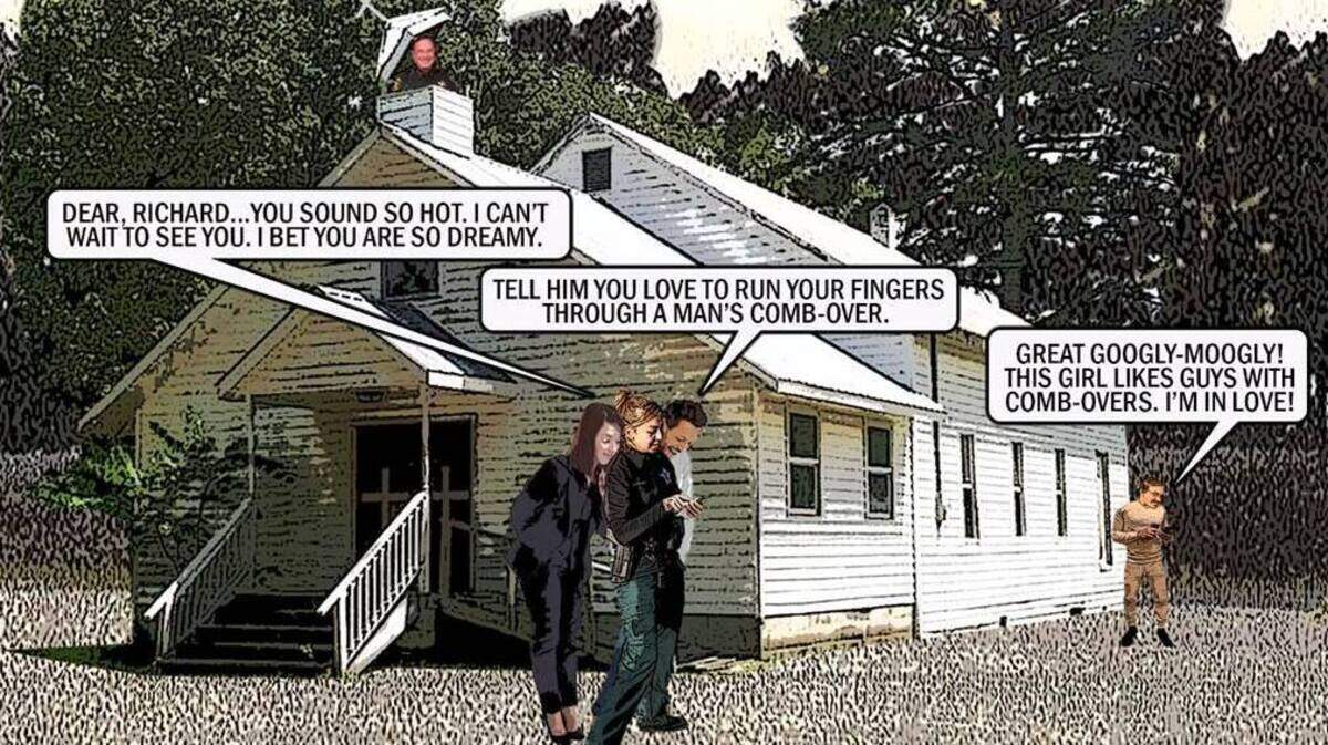Mock imagery created by the Polk County Sheriff’s Office relating to the arrest of a suspect who was communicating with a pastor and a detective he thought was a 16-year-old girl in north Lakeland, Florida.