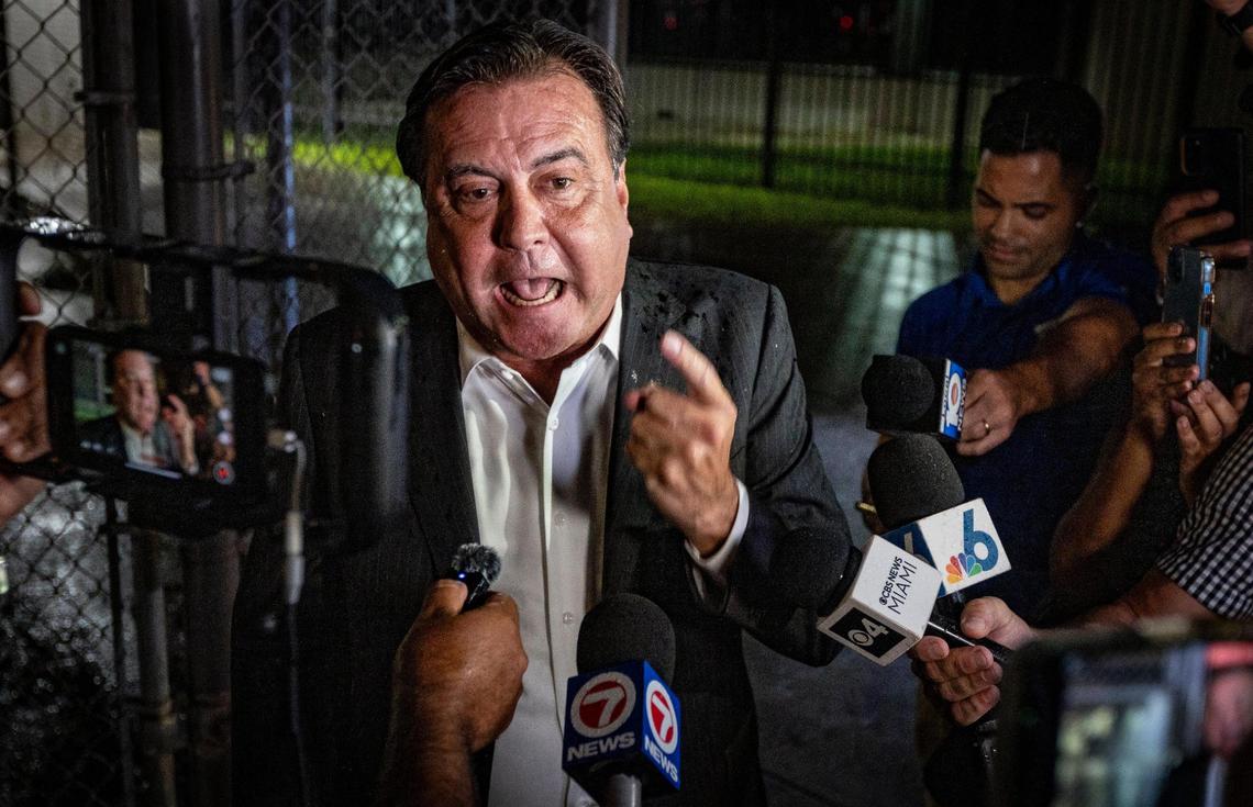 Miami, Florida, September 14, 2023 - A defiant Miami City Commissioner, Alex Diaz De La Portilla speaks to reporters after he was let out of TKG following his arrest.