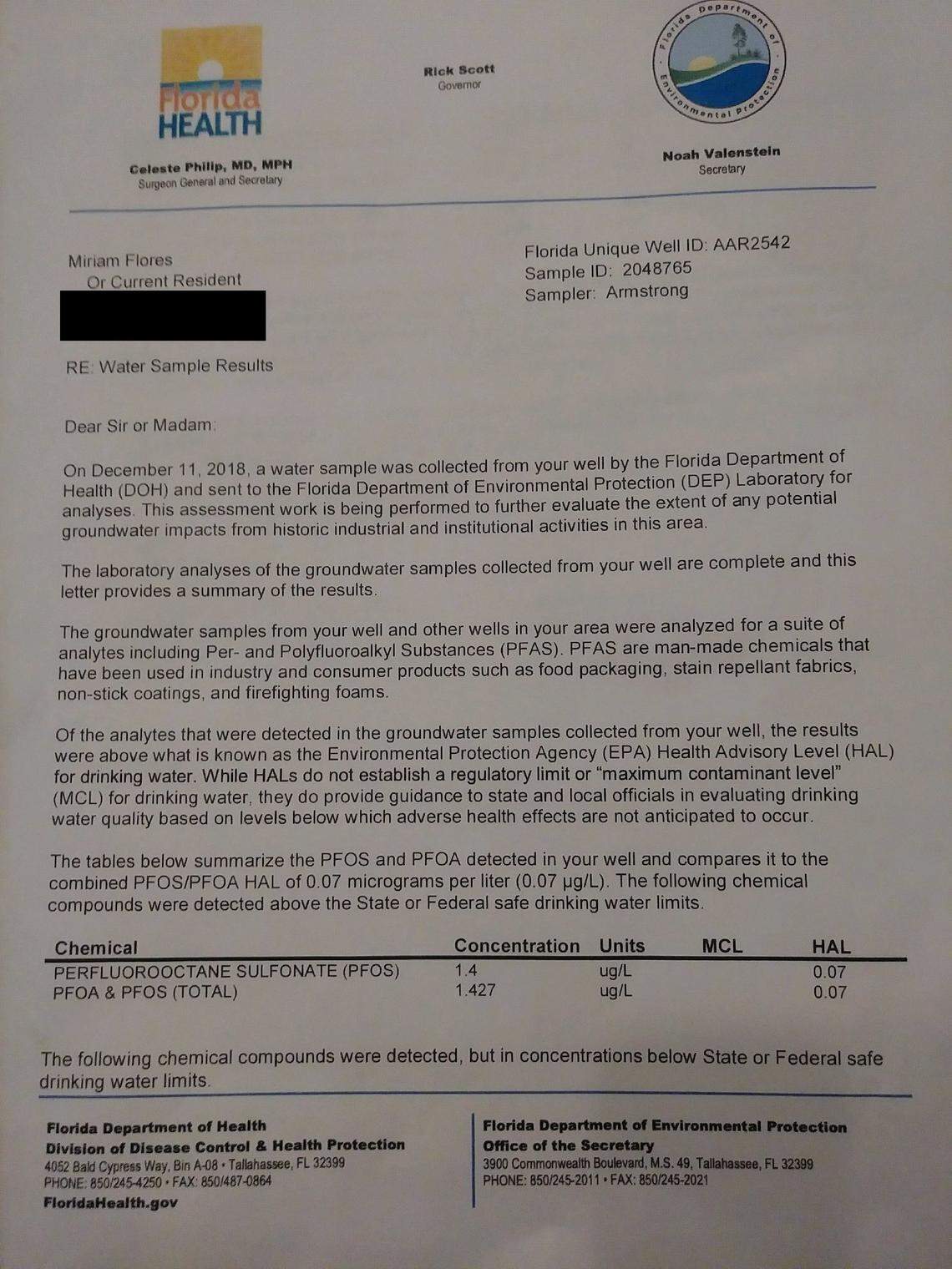 A letter sent to Miriam Flores on Dec. 28, nearly five months after the Department of Health expressed concern about water contamination at the Florida State Fire College, shows chemical levels of about 1,400 parts per trillion in her water. The advisable level of PFOS and PFOA chemicals is 70 parts per trillion.
