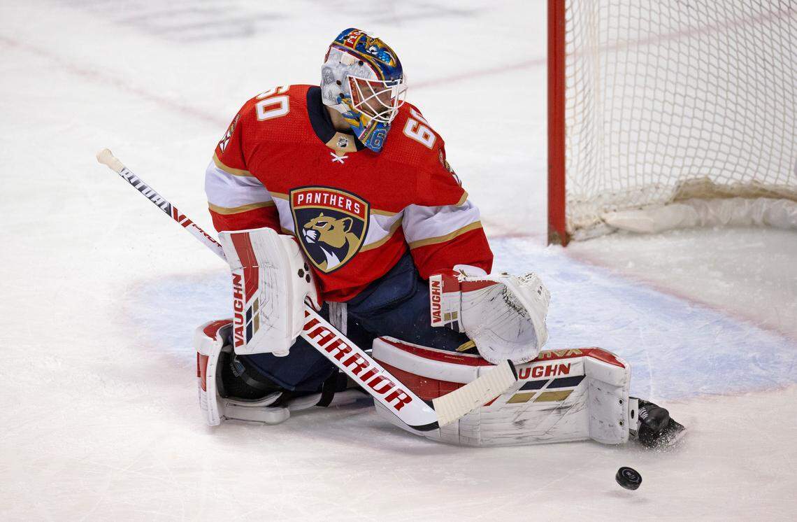 Florida Panthers goalie Chris Driedger (60) blocks a shot during the first period of the Florida Panthers NHL home opener game against the Chicago Blackhawks t the BB&T Center on Sunday, January 17, 2021 in Sunrise, Fl.