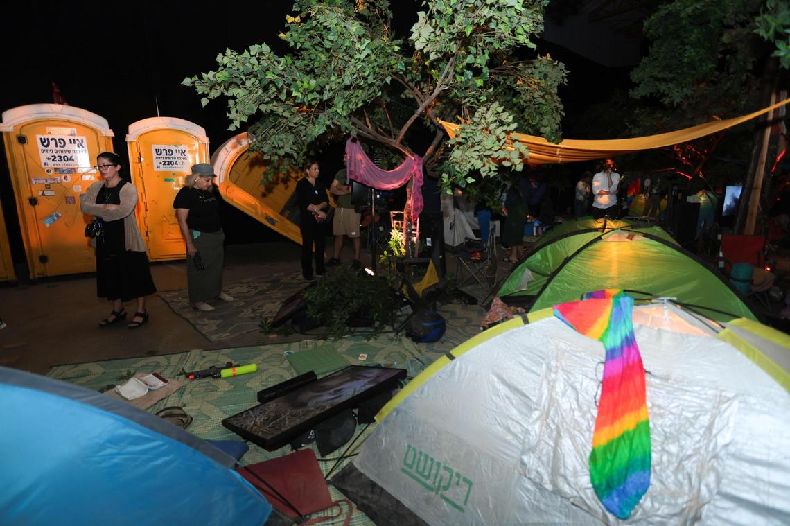A view of some of the tents at the camping site installed at Nova Exhibition Miami at Greenwich Studios in North Miami. The Nova Exhibition is an in-depth remembrance of the attacks by Hamas at The Nova Music Festival on October 7th of last year.