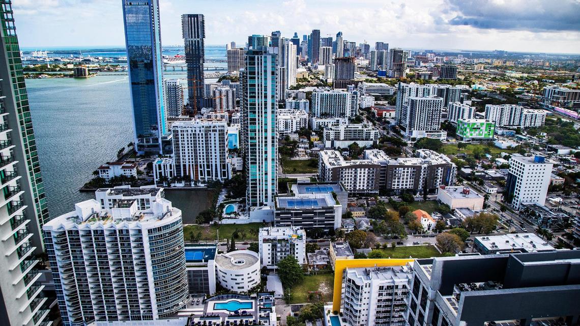 Above: South view of the Miami skyline from the roof top pool area at the Paraiso Bayviews building located in the up-and-coming Edgewater neighborhood.