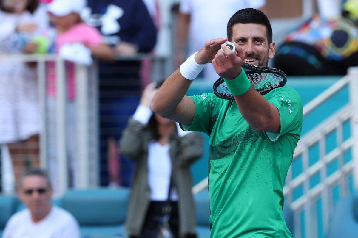 Mar 21, 2025; Miami, FL, USA; Novak Djokovic (SRB) gestures to his player’s box after his match against Rinky Hijikata (AUS)(not pictured) on day four of the Miami Open at Hard Rock Stadium. Mandatory Credit: Geoff Burke-Imagn Images
