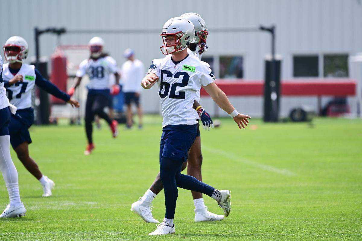 Jun 12, 2023; Foxborough, MA, USA; New England Patriots place kicker Chad Ryland (62) warms up at the Patriots minicamp at Gillette Stadium. Mandatory Credit: Eric Canha-USA TODAY Sports