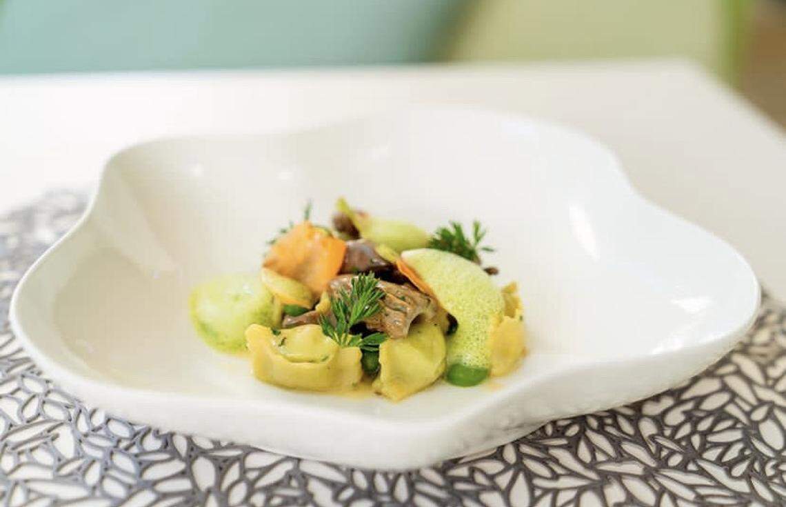 Sweet corn ravioli with chanterelles and toasted hazelnuts is one of the new summer offerings at Le Jardinier.