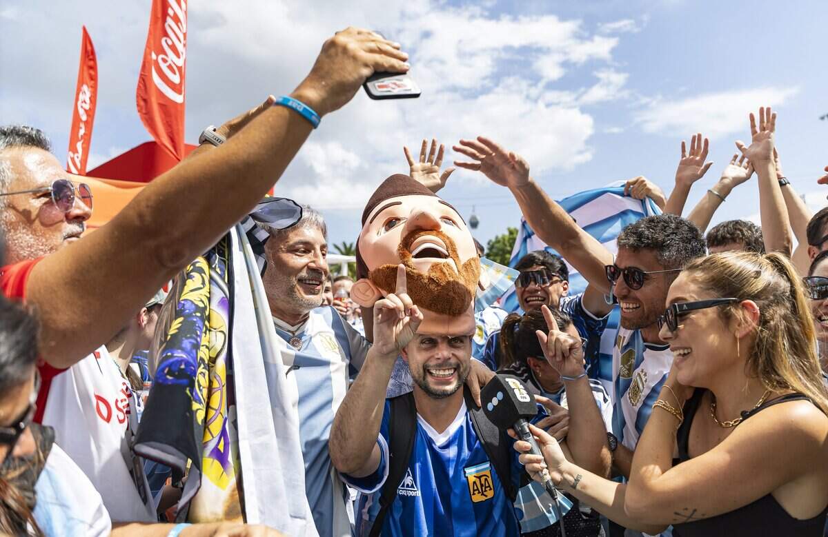 Argentina fans cheer as they arrive to the FIFA World Cup 2026 Round of 32 soccer match against Cape Verde at Hard Rock Stadium (Miami Stadium) on Friday, July 3, 2026, in Miami Gardens, Fla.