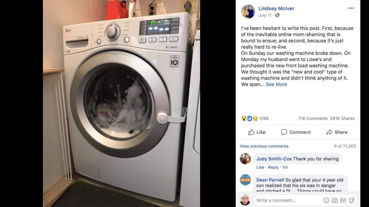 Lindsay McIver says her 3-year-old daughter is OK after she got locked inside a front load washing machine.