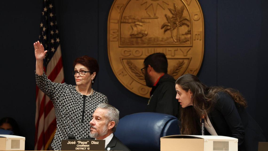 Miami-Dade County commissioners Rebeca Sosa, left, Jose “Pepe” Diaz, center, and Danielle Cohen Higginsin a May 2022 file photo. The commission voted July 19, 2022, to set a ceiling on 2023 property tax rates that is 1% lower than current rates.
