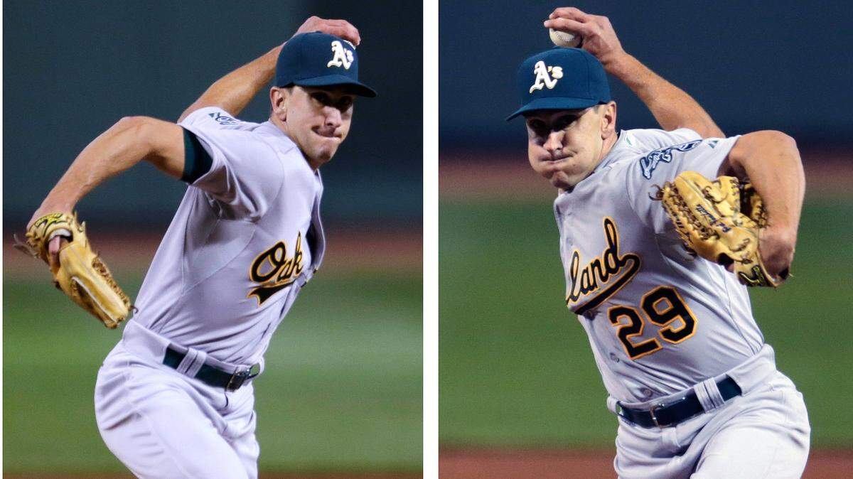 In this two image combination, Oakland Athletics relief pitcher Pat Venditte (29) delivers with his left and right hand to separate Boston Red Sox batters during the seventh inning at Fenway Park in Boston, Friday, June 5, 2015.