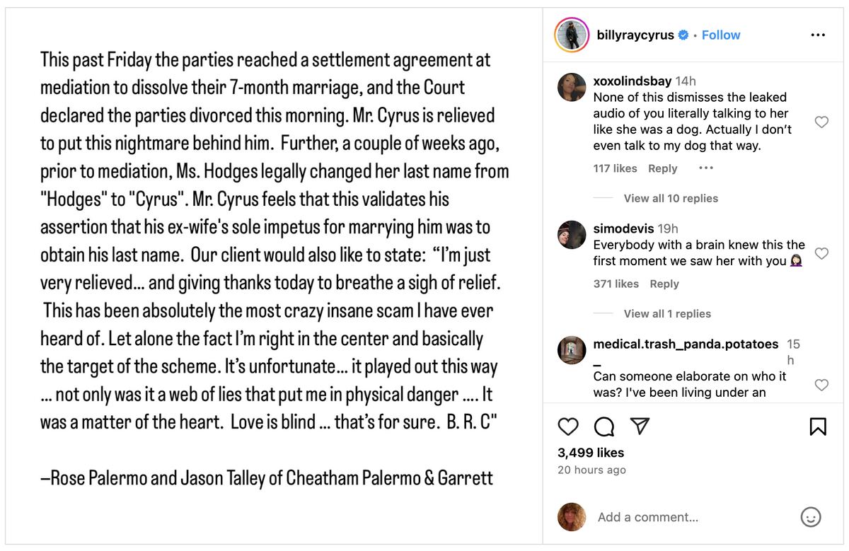 The statement on Billy Ray Cyrus’ Instagram