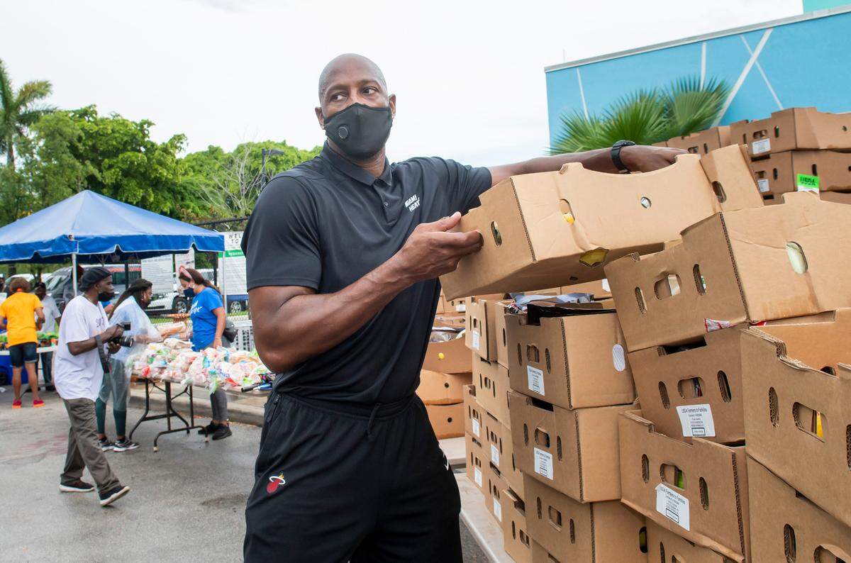 The Overtown Youth Center food distribution in partnership with Miami Mayor Suarez and Farm Share at Gibson Park in Miami on Aug. 19, 2020.