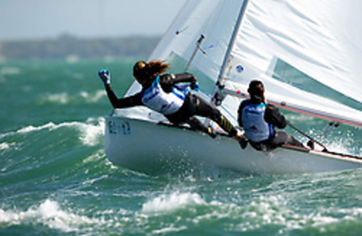 Nikole Barnes and Lara Dallman-Weiss race in the women’s 470 at Hempel World Cup Series Miami.