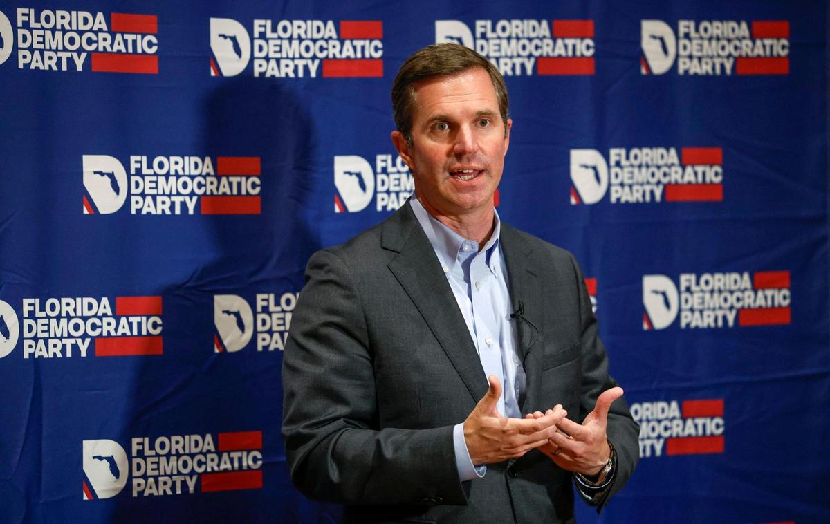 Governor of Kentucky, Andy Beshear, speaks at a press conference during the Florida Democratic Party annual Leadership Blue Gala at the Hard Rock Hotel and Casino in Hollywood, Florida on Saturday, June 21, 2025.