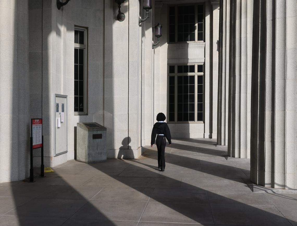 Large shadows are created by the setting sun on south entrance of the historic Dade County Courthouse on Wednesday, January 14, 2026, in Miami, Florida. The Dade County Courthouse is significant as an excellent example of Neo-Classical architecture. The detailing of the remaining historic interior spaces and features continue to reflect this distinctive style and contributes to a more complete understanding of the historic character of the Courthouse.