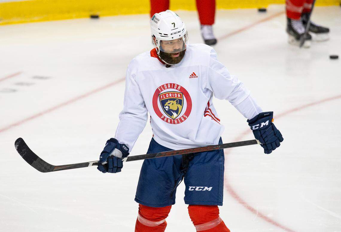 Florida Panthers defenseman Radko Gudas (7) runs drills during the first practice of training camp in preparation for the 2020-21 NHL season at the BB&T Center on Monday, January 4, 2021 in Sunrise.