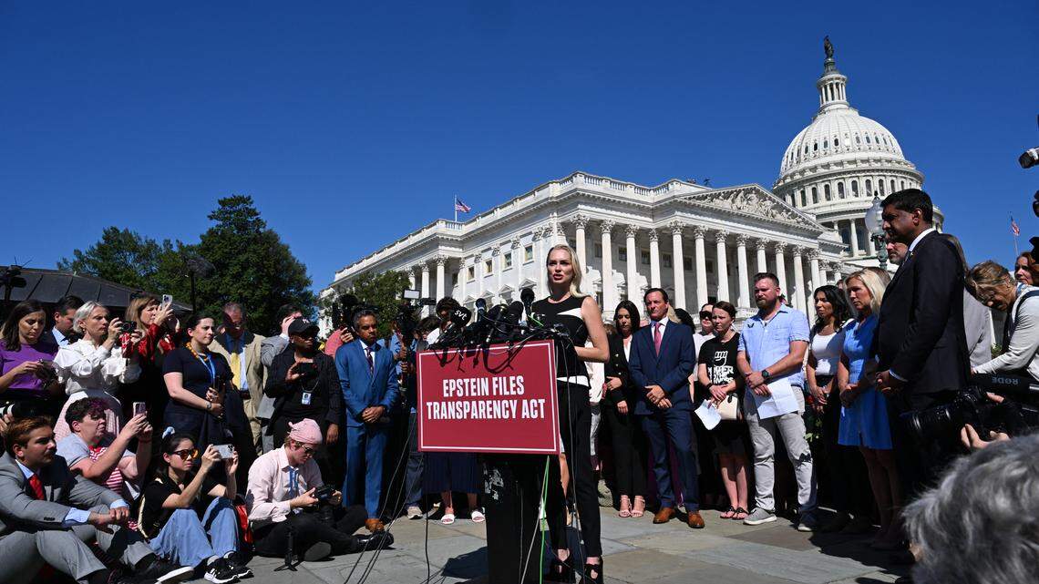 Anouska De Georgiou, who testified about sexual abuse in the Jeffrey Epstein case, speaks during a press conference and rally in support of the victims of Epstein and his accomplice Ghislaine Maxwell outside the U.S. Capitol in Washington, DC on September 3, 2025. 