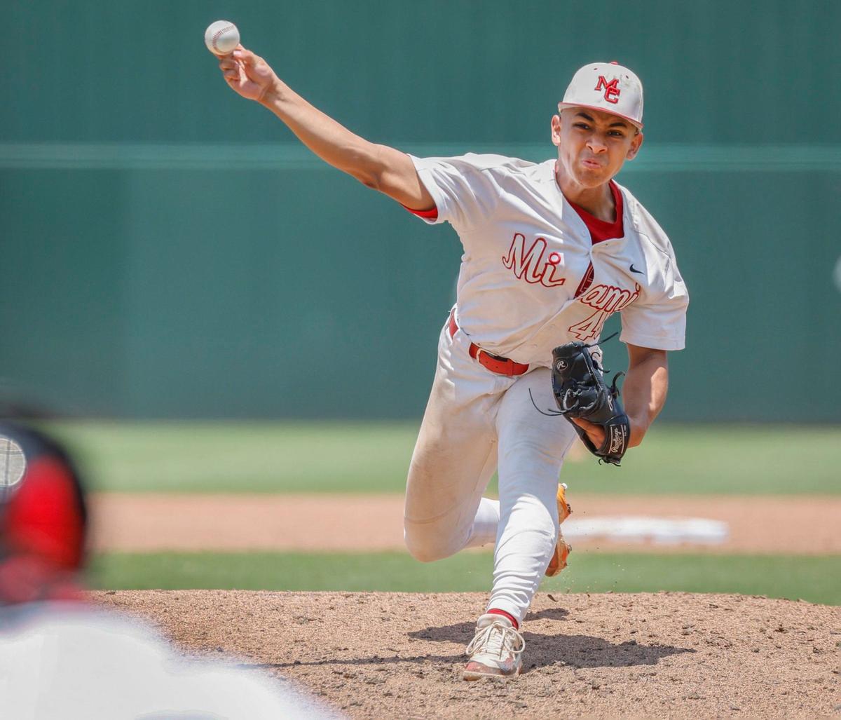 Miami Christian Victors pitcher Jeffred Fermin (45) pitches against Orlando First Academy Royals in the second inning in the FHSAA Class 2A state baseball semifinal at Hammond Stadium in Fort Myers, Florida on Monday, May 20, 2024.