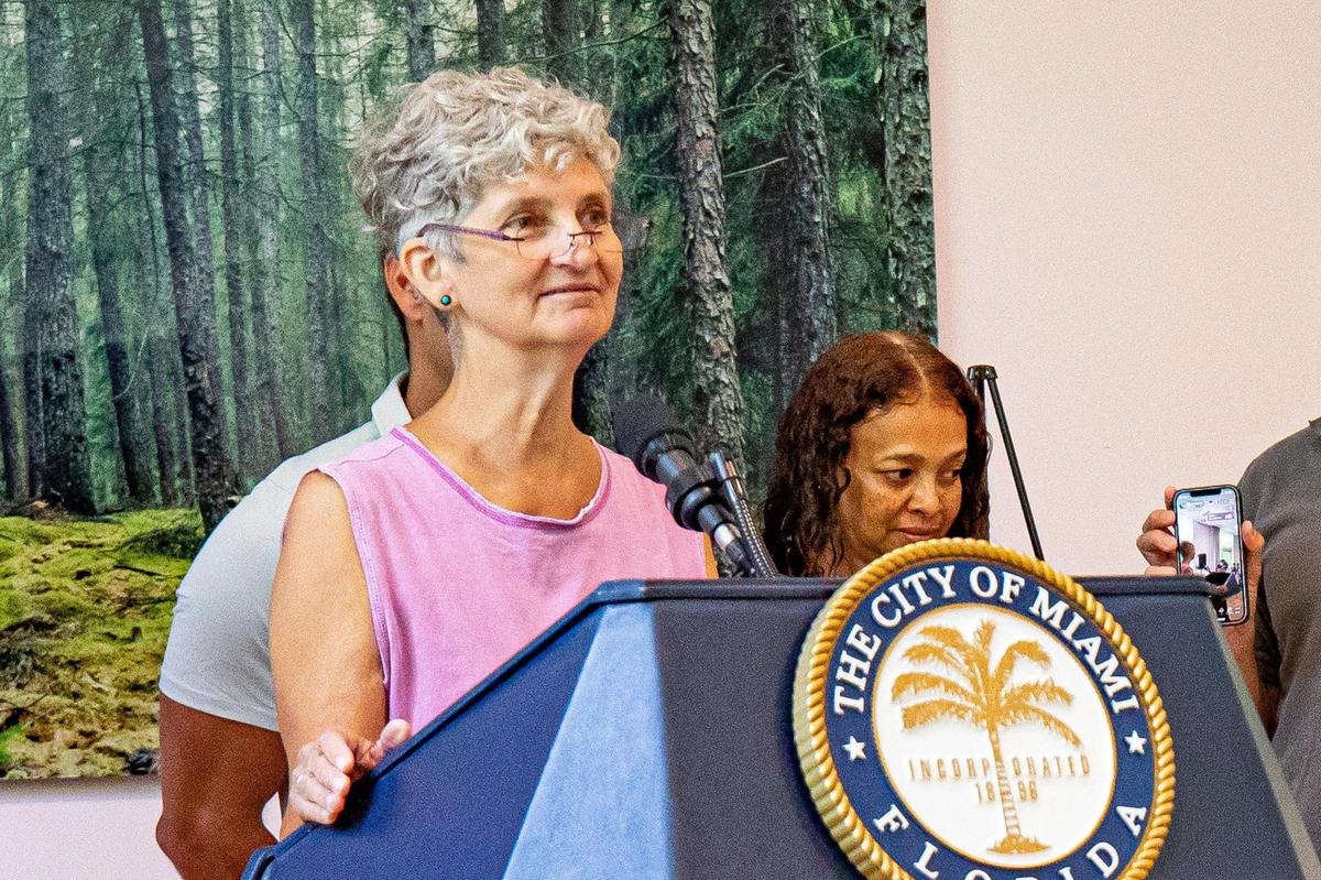 Constance Collins, founder and president of Lotus Village, speaks at a press conference announcing a donation of $200,000 to the facility in Miami, Florida, on Tuesday, Aug. 30, 2022. Lotus Village is the nation’s largest shelter dedicated to women and children.