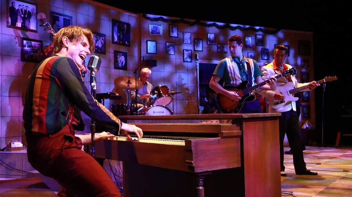 Dominique Scott as Jerry Lee Lewis at the piano in ‘Million Dollar Quartet Christmas’ at Actors’ Playhouse through Jan. 1.