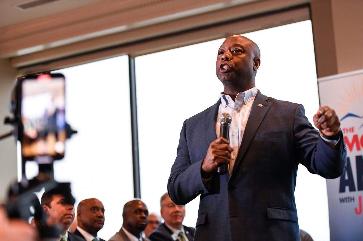 Sen. Tim Scott speaks at an event with Fourth District Republican Club at the Commerce Club in Greenville, S.C., on Friday, May 12, 2023.