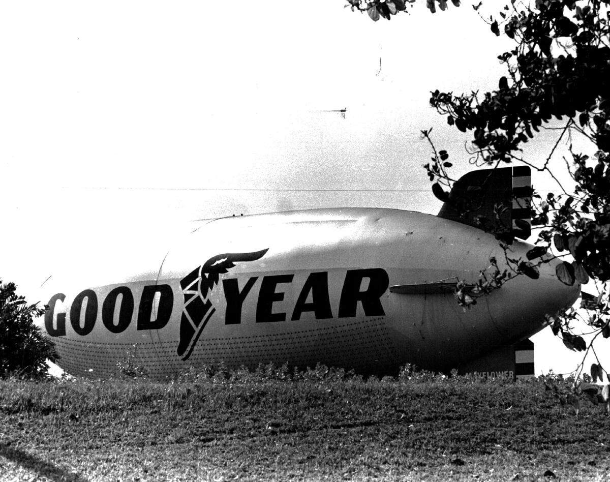 The Goodyear blimp Mayflower at its Watson island base off the MacArthur Causeway in 1969.