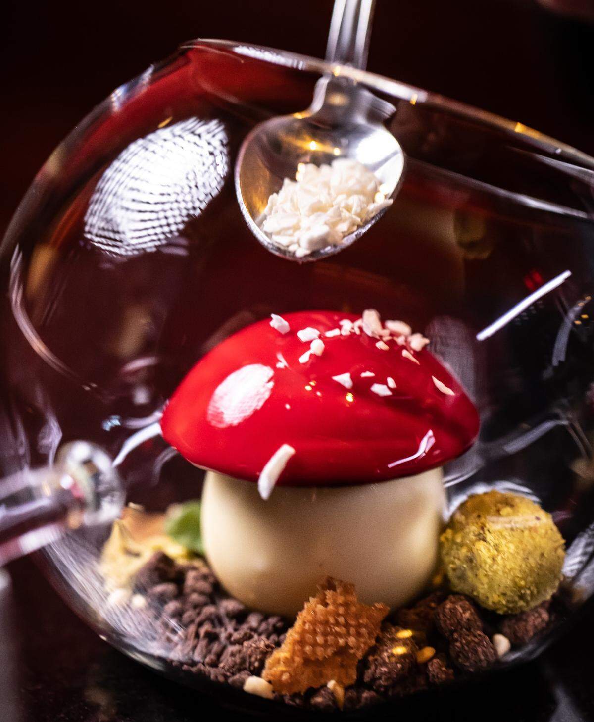 The Black Forest Cake dessert at L’Atelier de Joel Robuchon in Miami (the top portion hides a cherry mousse).