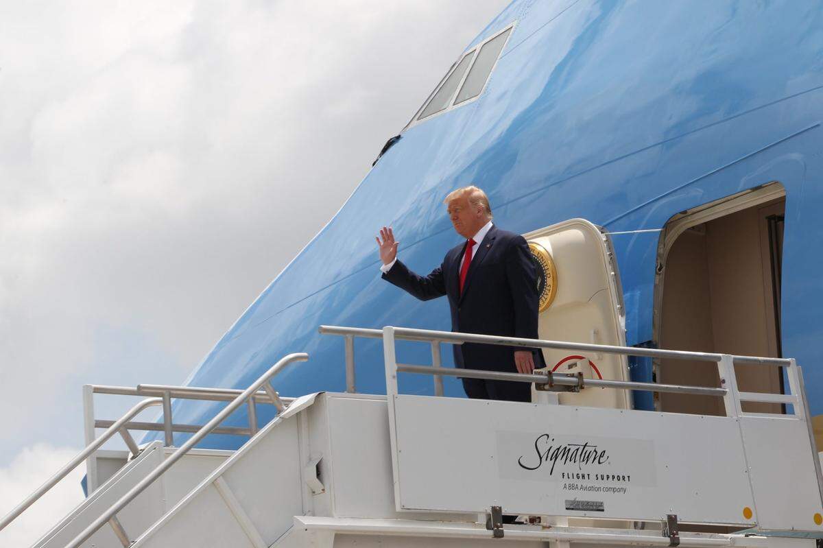President Donald J. Trump leaves Air Force One as he arrives to Miami International Airport for a visit to the U.S. Southern Command and a meeting with the Venezuelan community in Doral in July 2020.