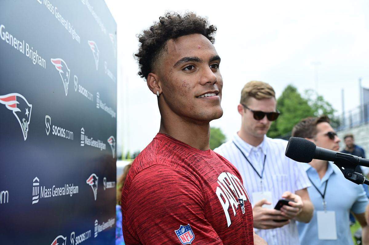 Jun 12, 2023; Foxborough, MA, USA; New England Patriots cornerback Christian Gonzalez (50) speaks to the media at the Patriots minicamp at Gillette Stadium. Mandatory Credit: Eric Canha-USA TODAY Sports