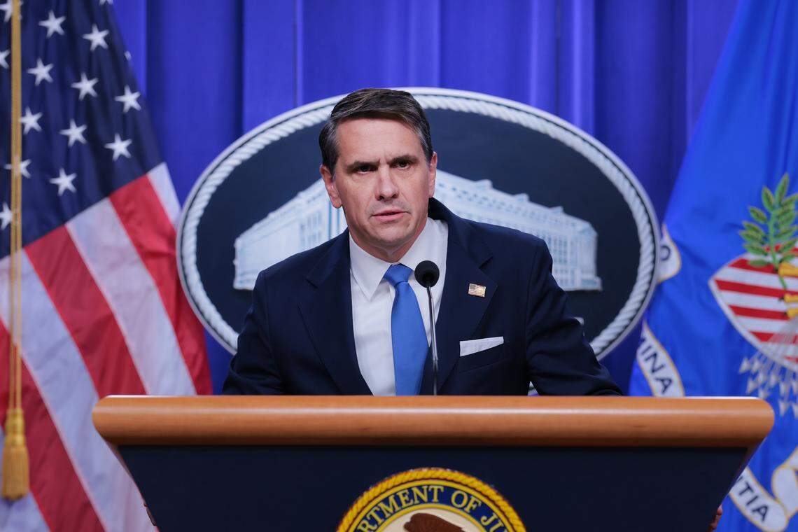 Deputy Attorney General Todd Blanche speaks at a news conference to announce an update on the Epstein files at the Department of Justice on Jan. 30, 2026 in Washington, DC. 